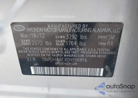 2013 Hyundai Elantra Gls z USA, uszkodzony, nr VIN 5NPDH4AEXDH156616